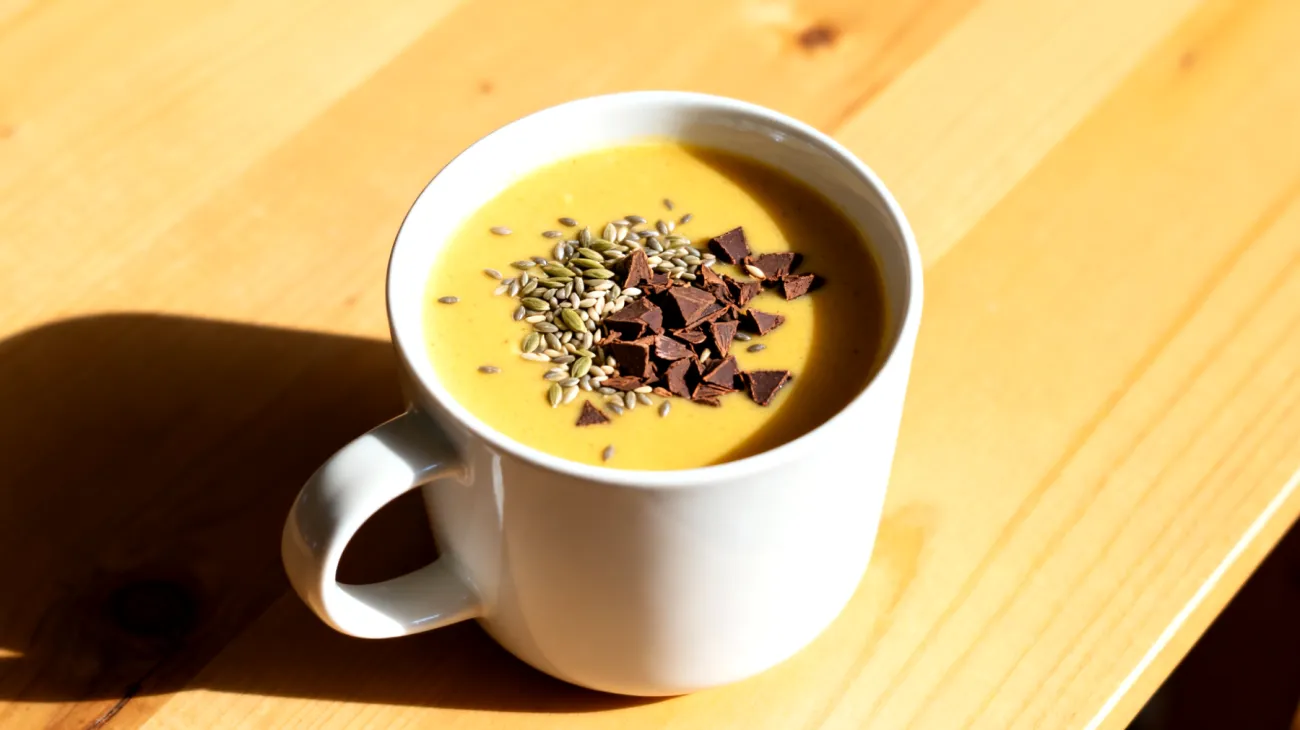 Goldene Milch mit Hanfsamen und Kakao-Nibs"