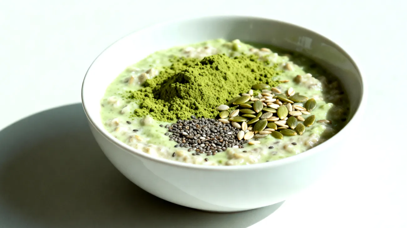 Overnight Oats mit Chiasamen, Hanfherzen und Matcha-Pulver"